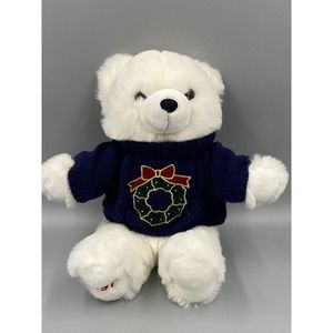 Vintage 1997 White Christmas Teddy Bear W/ Blue Knitted Sweater Main Joy 15.5”